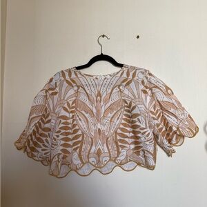 Farm Rio Yellow Patterned Top with Scalloped Hem